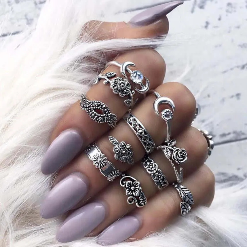 11pcs/Set Women Bohemian Vintage Silver/Gold Stack Rings Above Knuckle