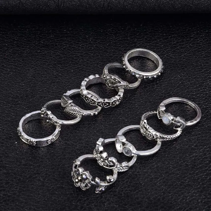 11pcs/Set Women Bohemian Vintage Silver/Gold Stack Rings Above Knuckle