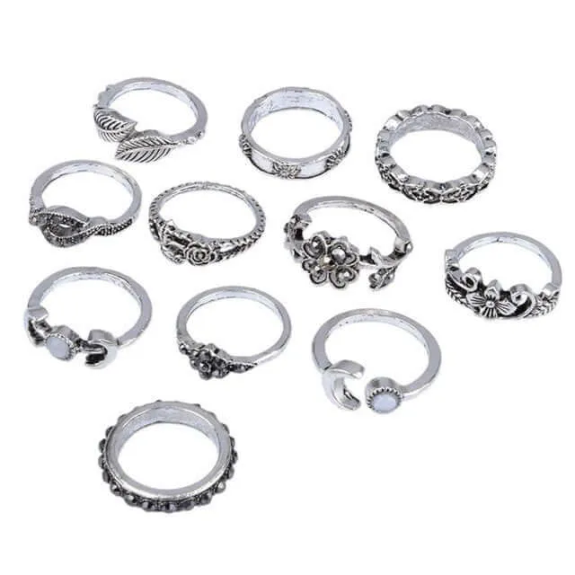 11pcs/Set Women Bohemian Vintage Silver/Gold Stack Rings Above Knuckle