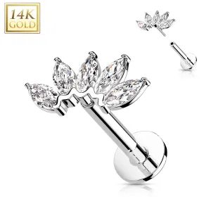 14K Solid Gold Threadless 5 CZ Marquise Top Labret Flat Back Stud