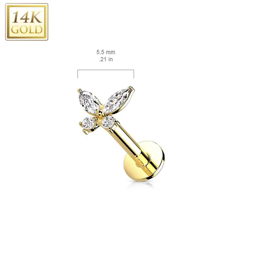 14K Solid Gold Threadless CZ Butterfly Top Labret Flat Back Stud