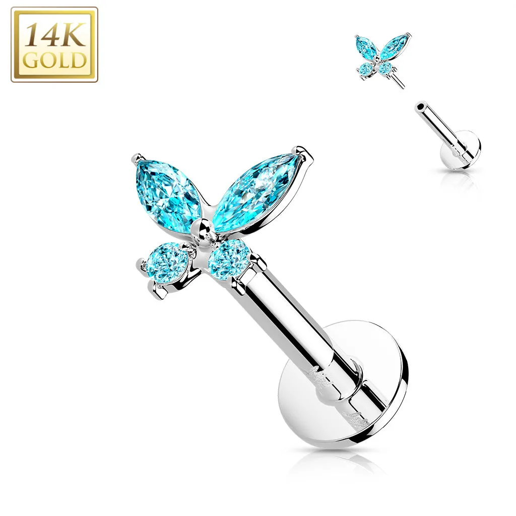 14K Solid Gold Threadless CZ Butterfly Top Labret Flat Back Stud