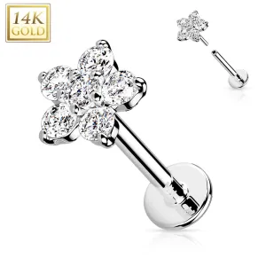 14K Solid Gold Threadless CZ Flower Top Labret Flat Back Stud