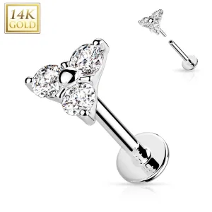 14K Solid Gold Threadless CZ Triangle Top Labret Flat Back Stud