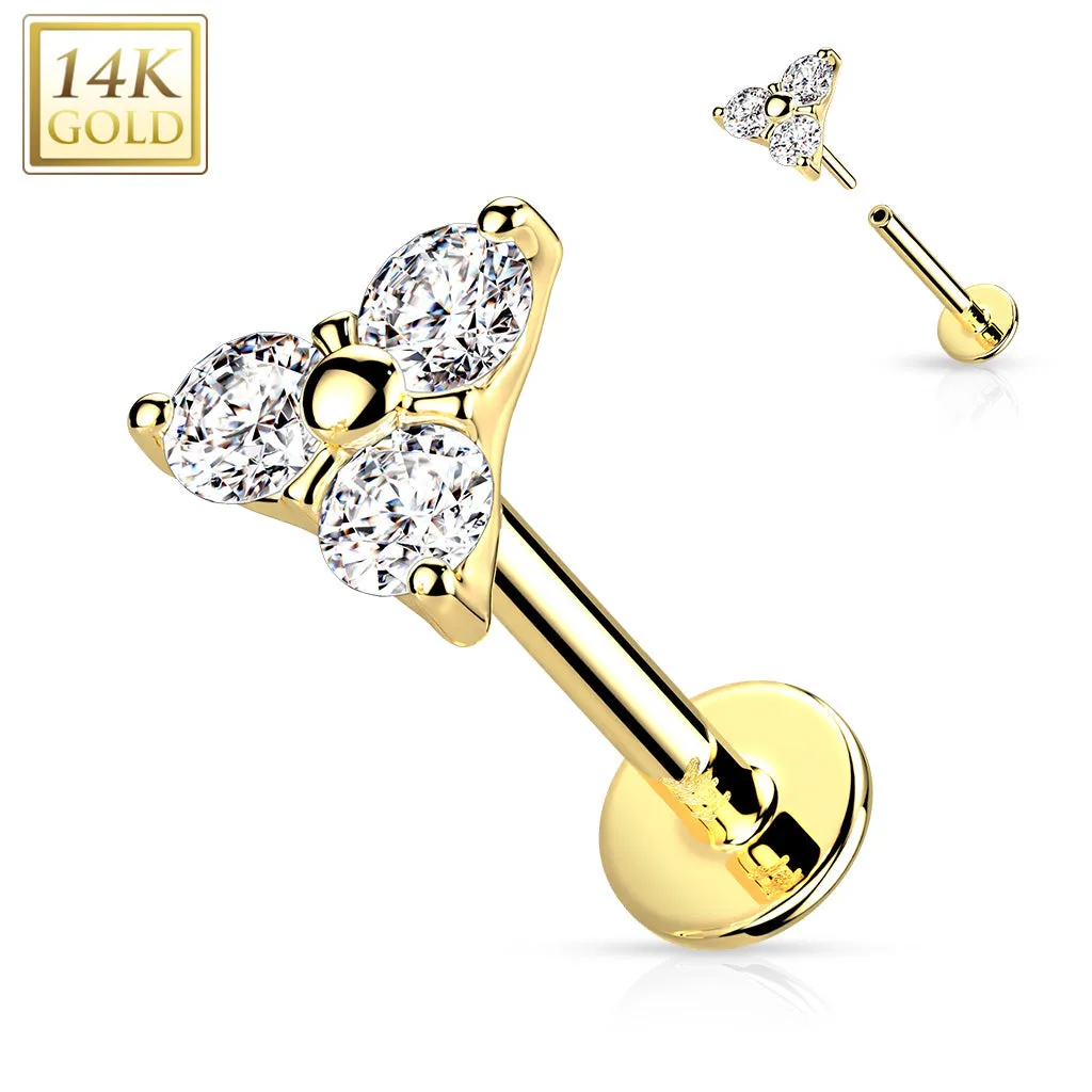 14K Solid Gold Threadless CZ Triangle Top Labret Flat Back Stud