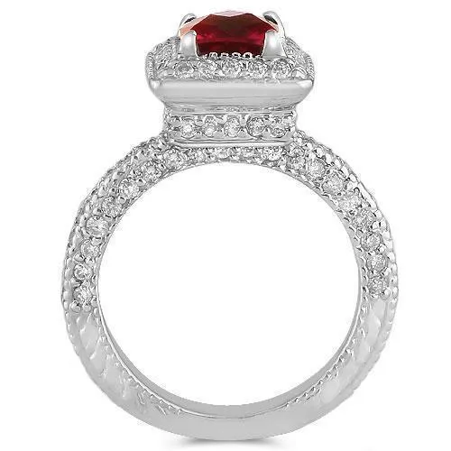 14K Solid White Gold Diamond Ring With Red Ruby Gemstone 2.00 Ctw