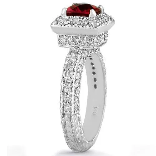 14K Solid White Gold Diamond Ring With Red Ruby Gemstone 2.00 Ctw