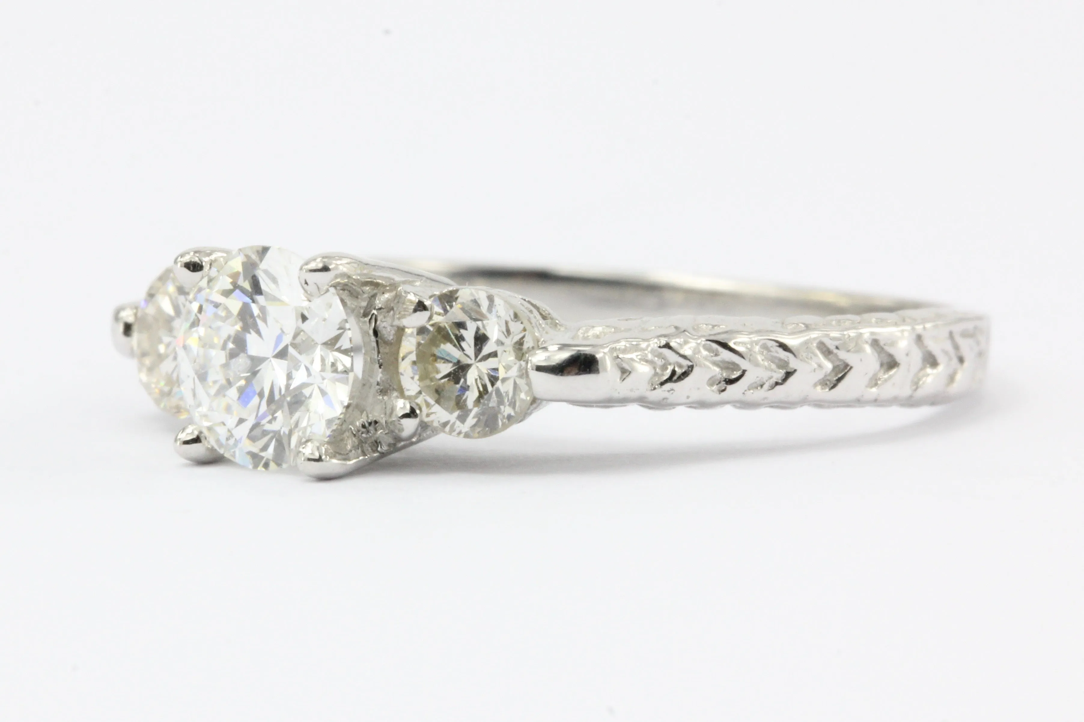 14K White Gold Vintage Inspired 1 CTW Diamond 3 Stone Engagement Ring Size 6.25