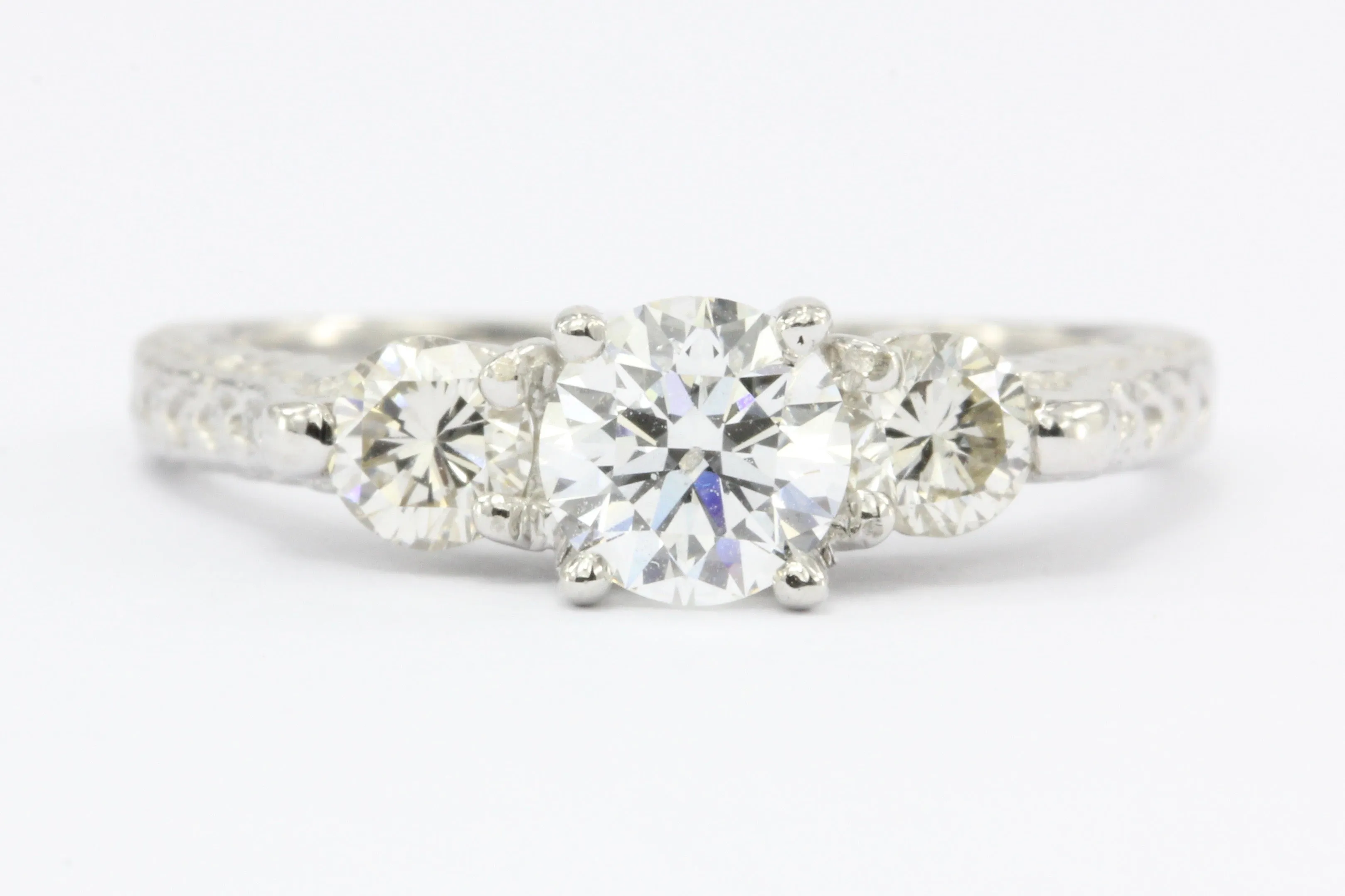 14K White Gold Vintage Inspired 1 CTW Diamond 3 Stone Engagement Ring Size 6.25