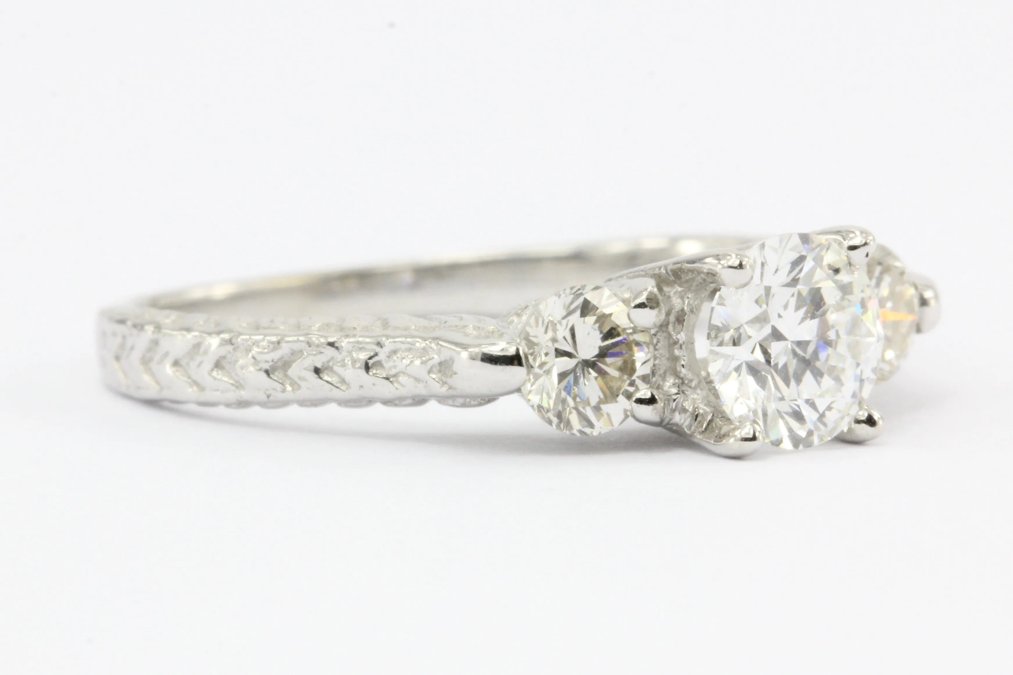 14K White Gold Vintage Inspired 1 CTW Diamond 3 Stone Engagement Ring Size 6.25