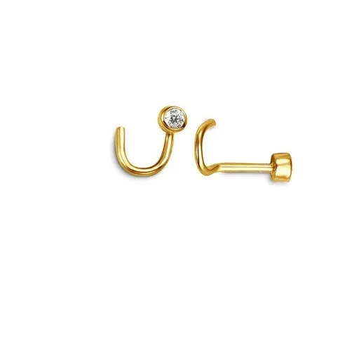 14K Yellow Gold Bezel Set CZ Curved Post Nose Stud