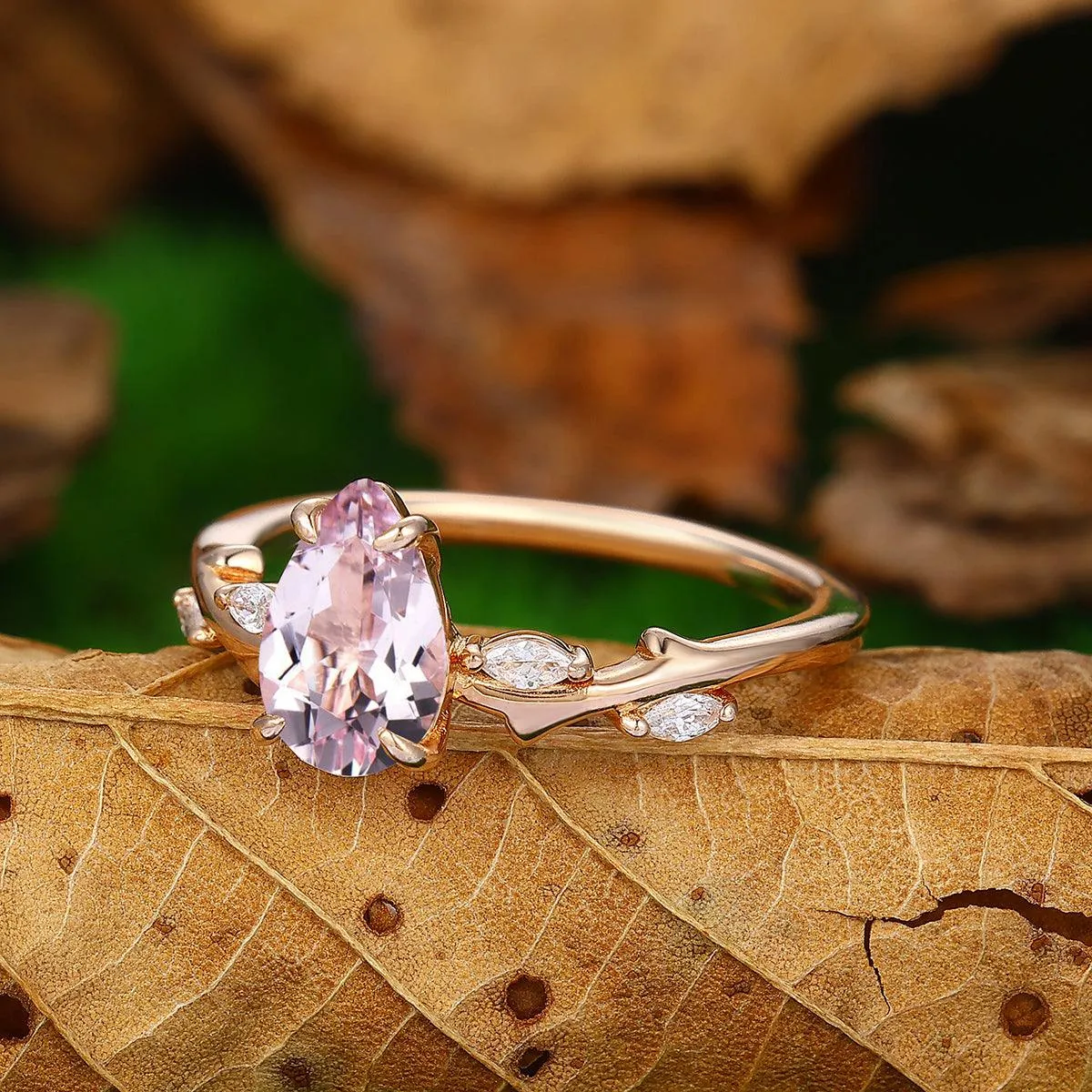 1.5 ct Pear Shaped Natural Pink Morganite 14k Gold Leaf Vines Ring