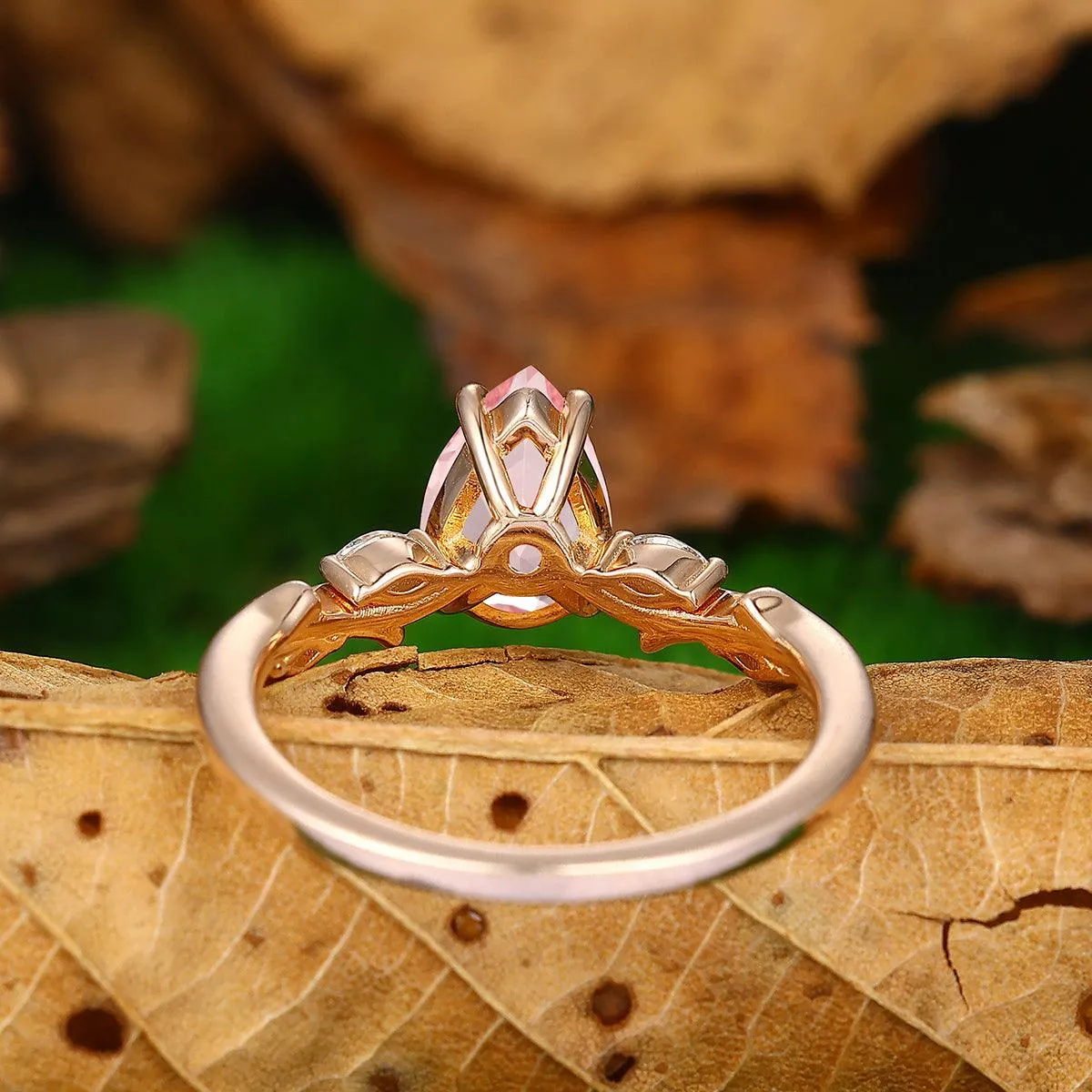 1.5 ct Pear Shaped Natural Pink Morganite 14k Gold Leaf Vines Ring