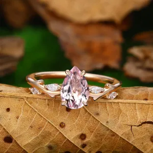 1.5 ct Pear Shaped Natural Pink Morganite 14k Gold Leaf Vines Ring