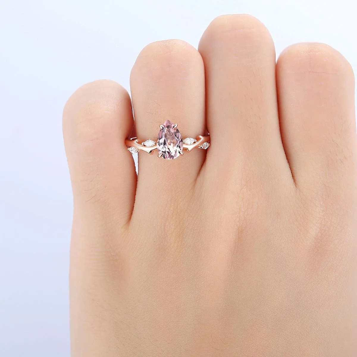1.5 ct Pear Shaped Natural Pink Morganite 14k Gold Leaf Vines Ring