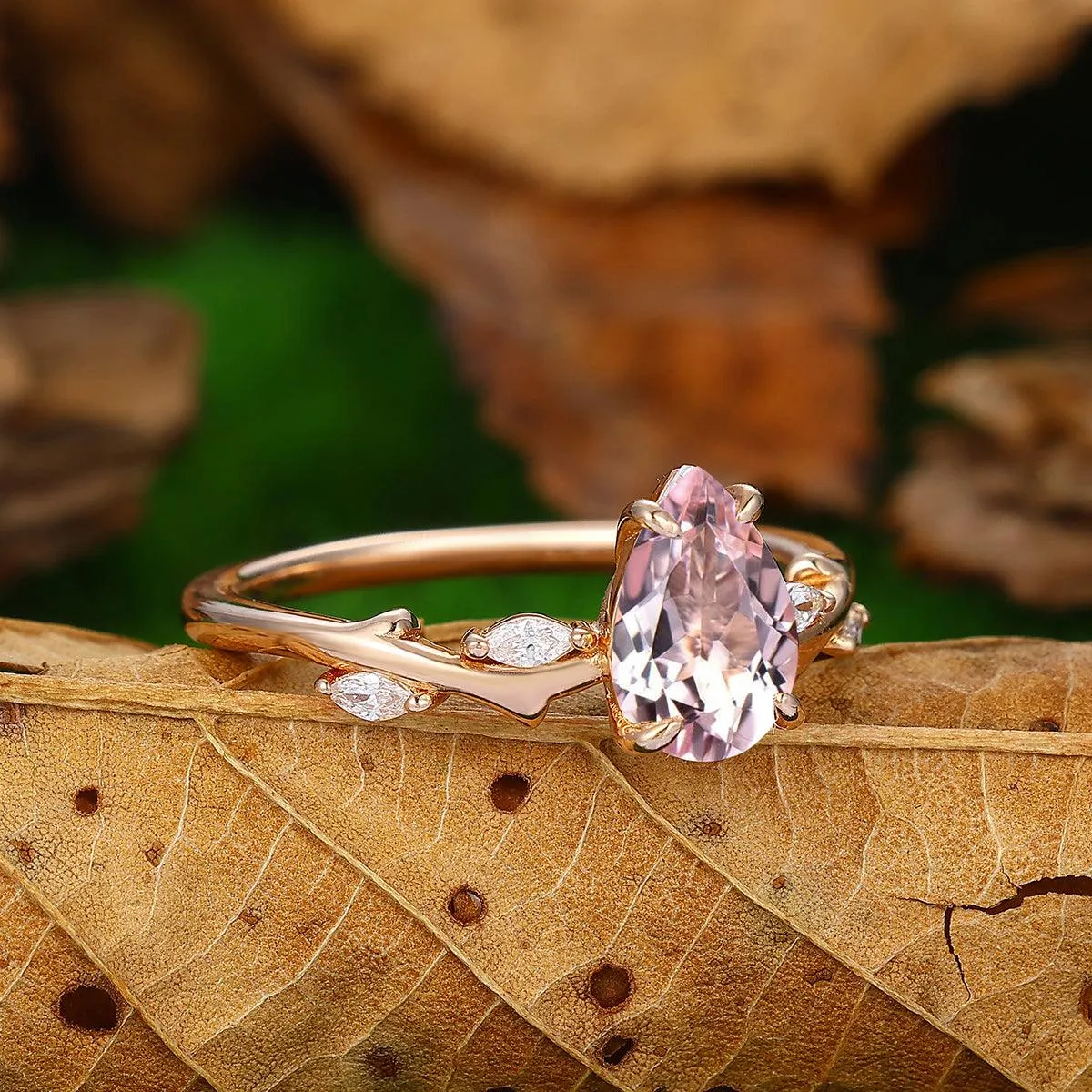 1.5 ct Pear Shaped Natural Pink Morganite 14k Gold Leaf Vines Ring