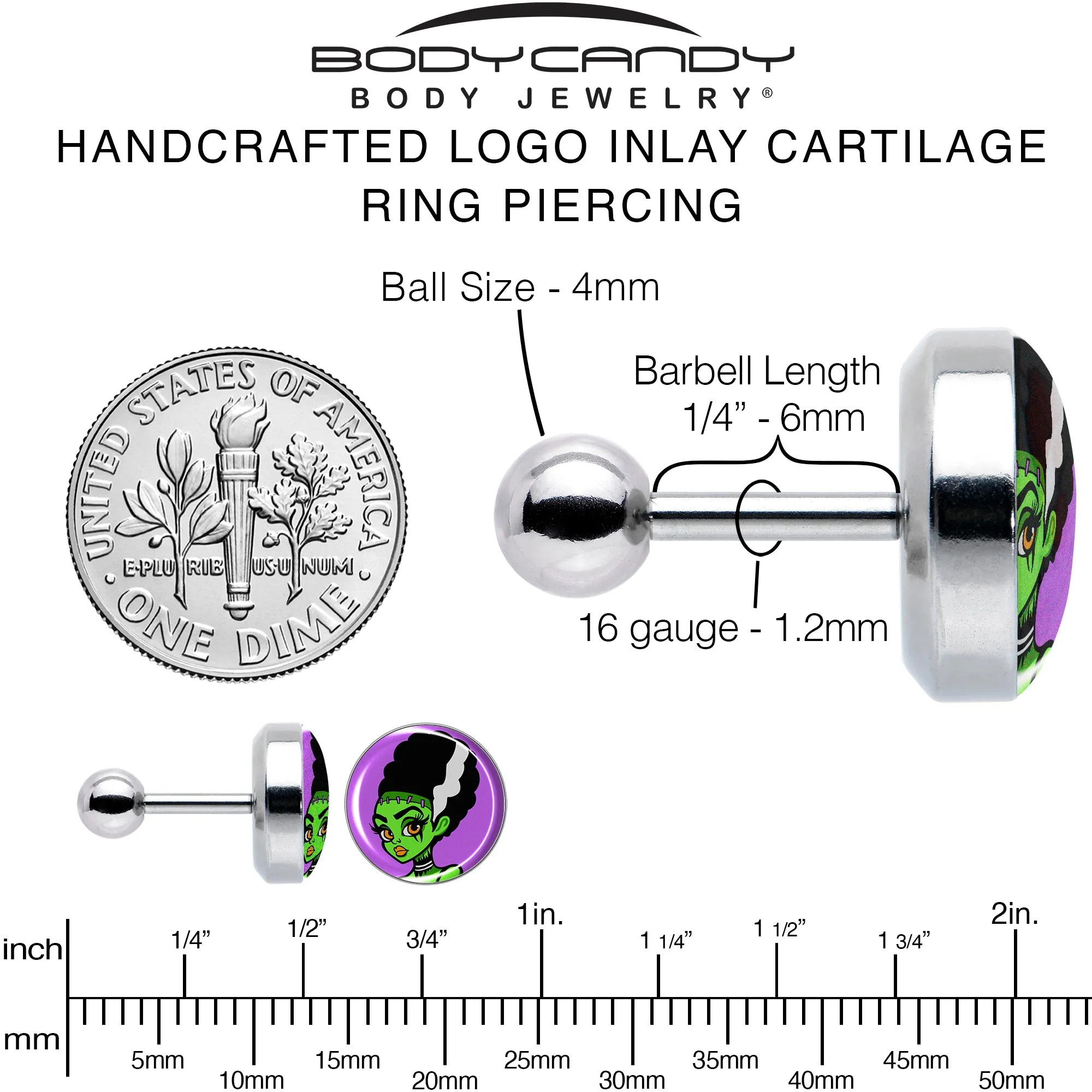 16 Gauge 1/4 Bride of Frankenstein Tragus Cartilage Earring