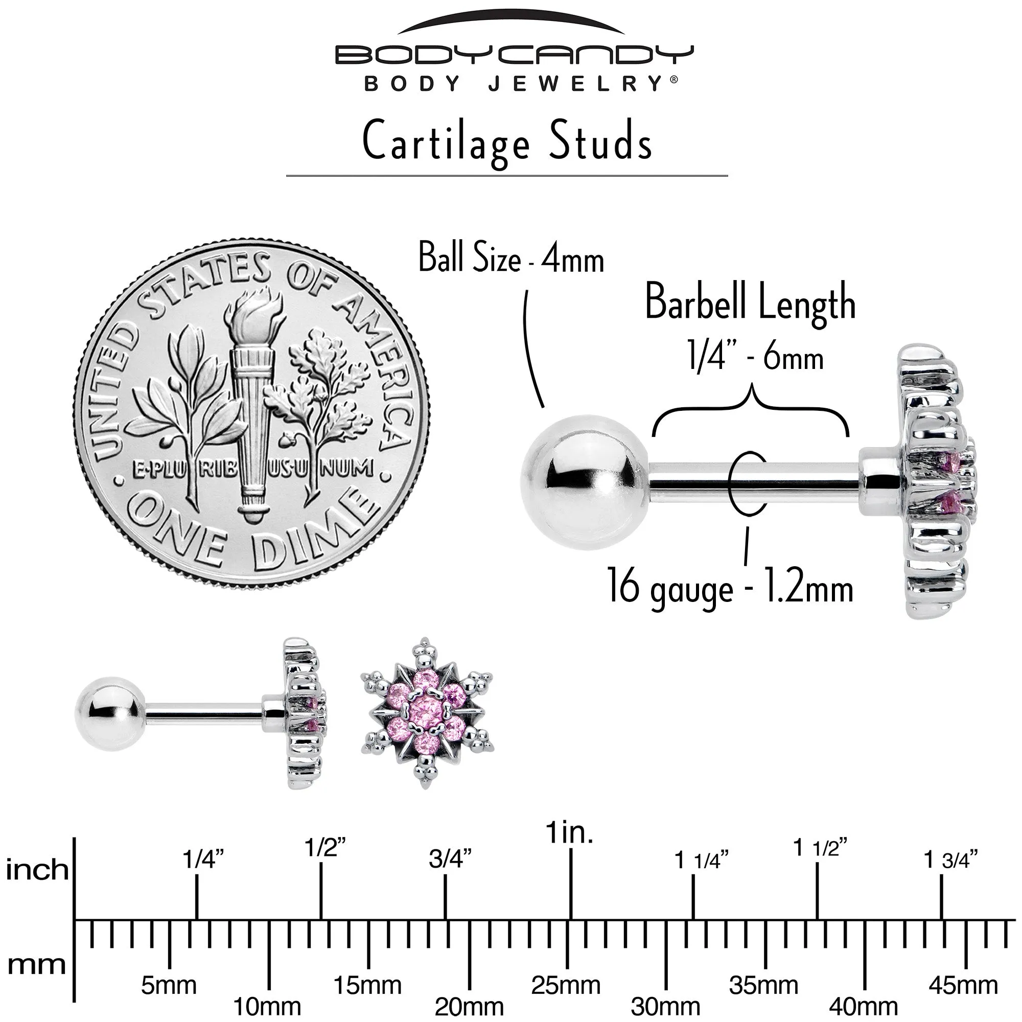 16 Gauge 1/4 Pink CZ Gem Glam Snowflake Cartilage Tragus Earring