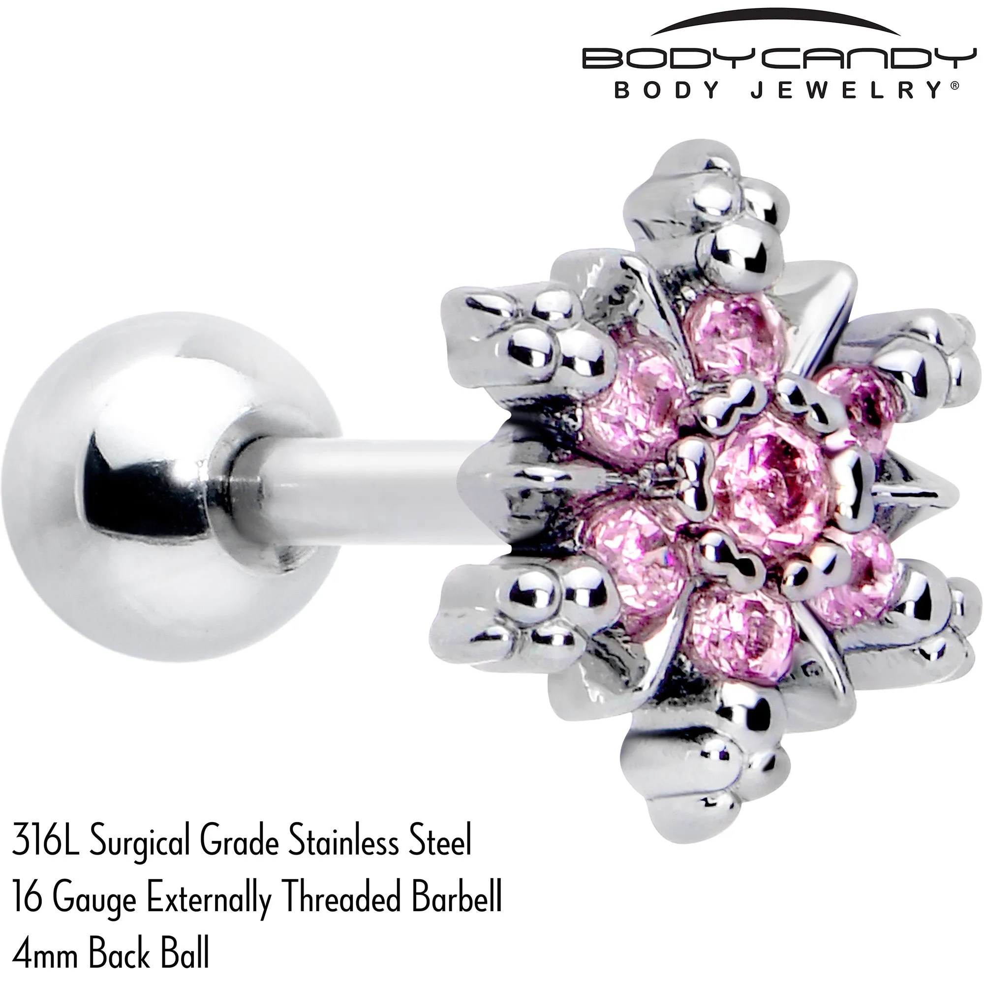 16 Gauge 1/4 Pink CZ Gem Glam Snowflake Cartilage Tragus Earring