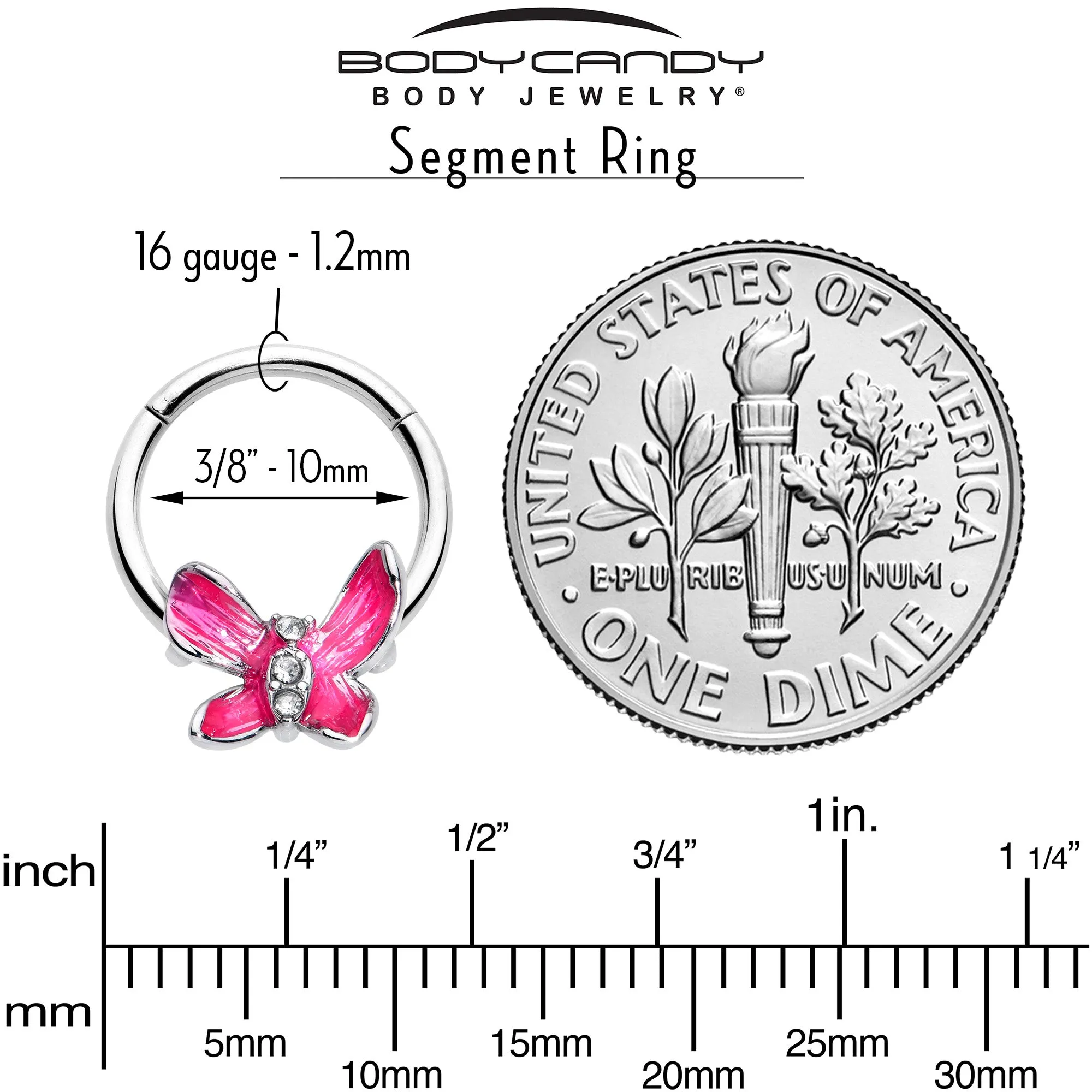 16 Gauge 3/8 Clear Gem Chunky Butterfly Pink Hinged Segment Ring