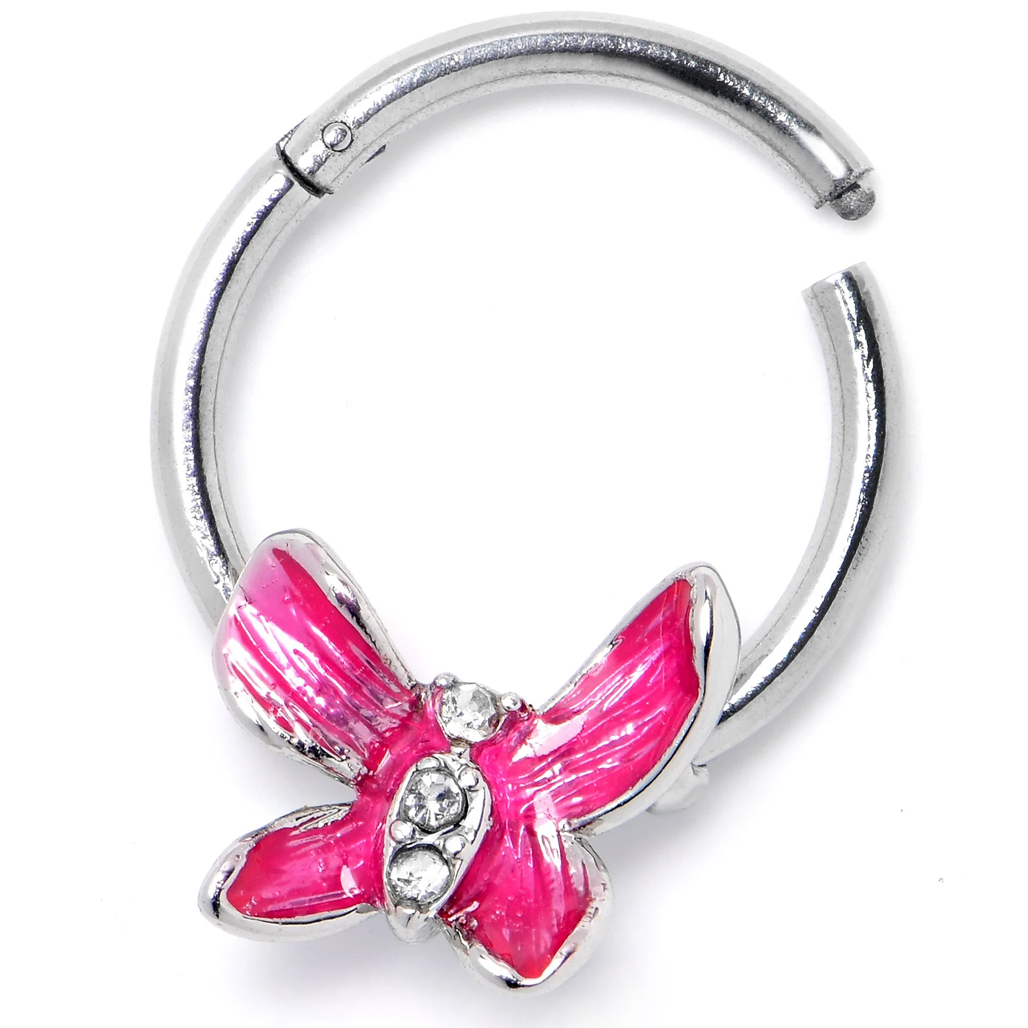 16 Gauge 3/8 Clear Gem Chunky Butterfly Pink Hinged Segment Ring