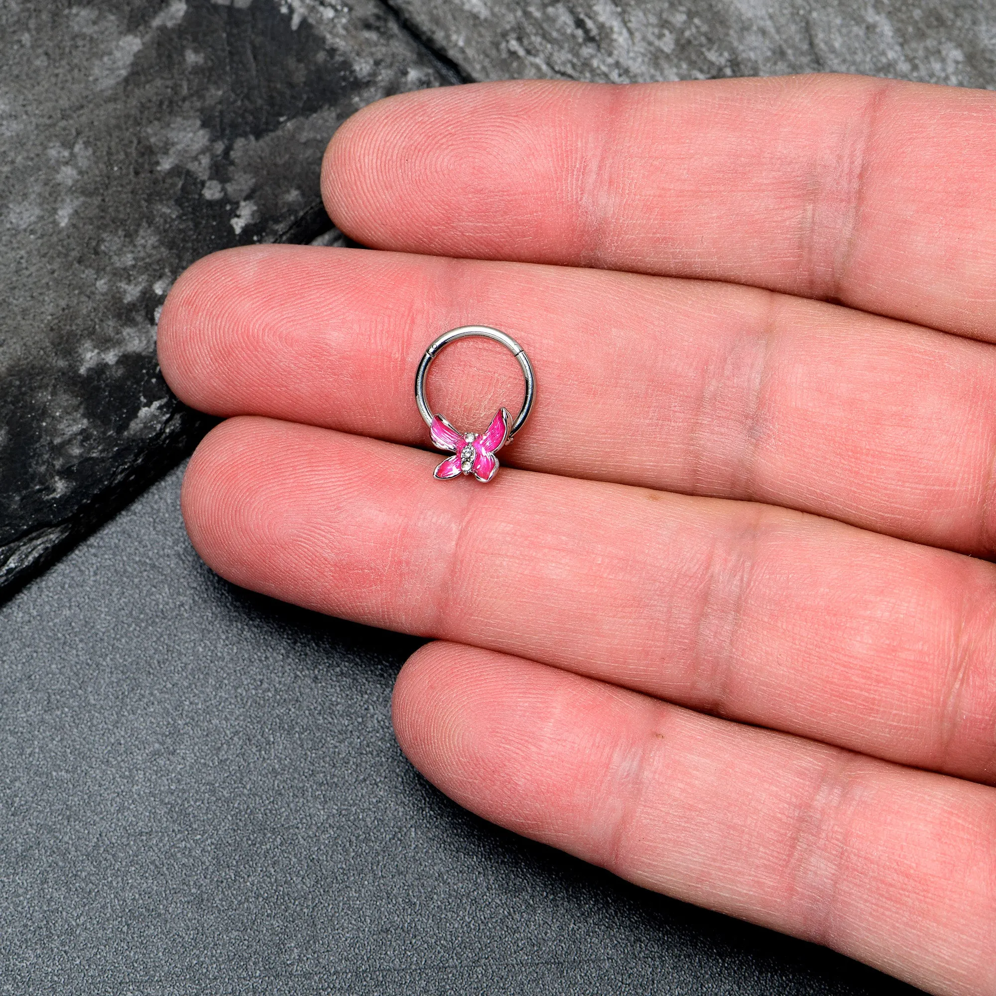 16 Gauge 3/8 Clear Gem Chunky Butterfly Pink Hinged Segment Ring