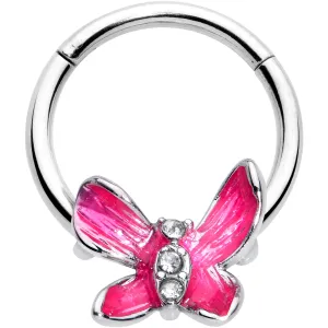 16 Gauge 3/8 Clear Gem Chunky Butterfly Pink Hinged Segment Ring