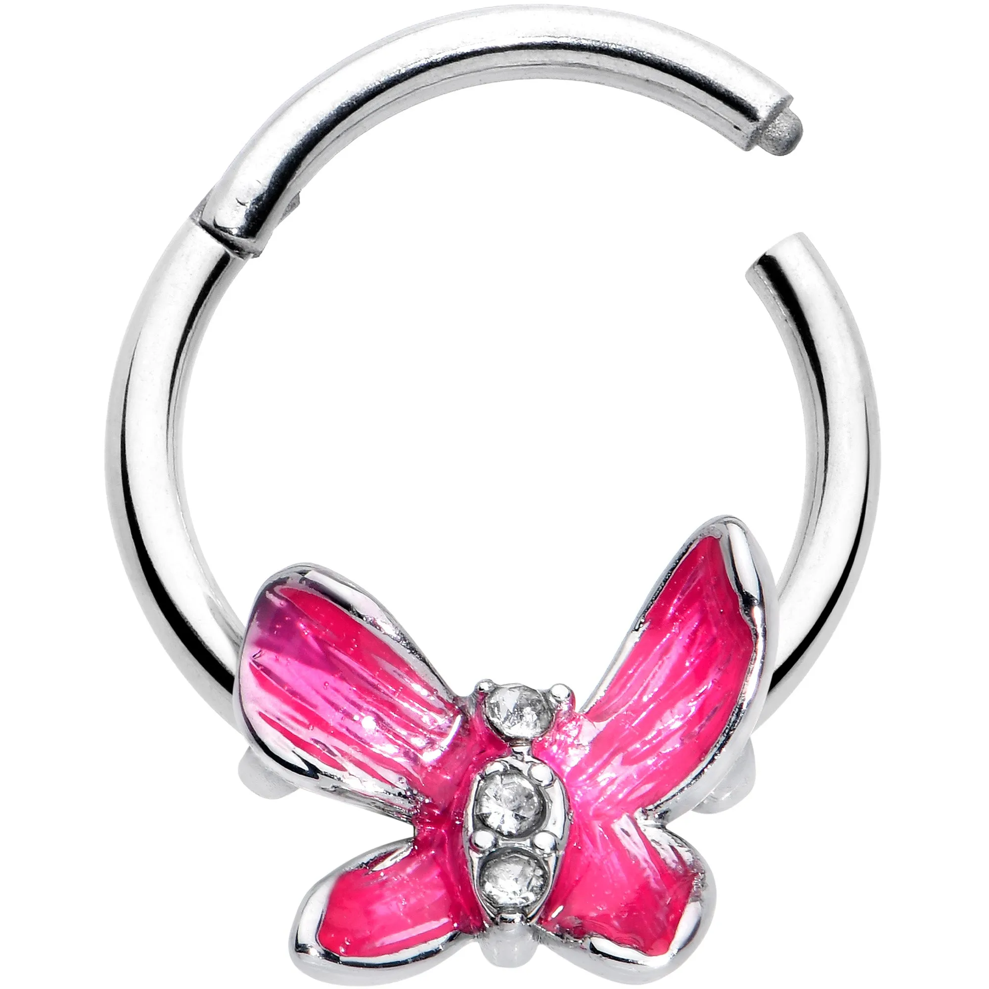 16 Gauge 3/8 Clear Gem Chunky Butterfly Pink Hinged Segment Ring