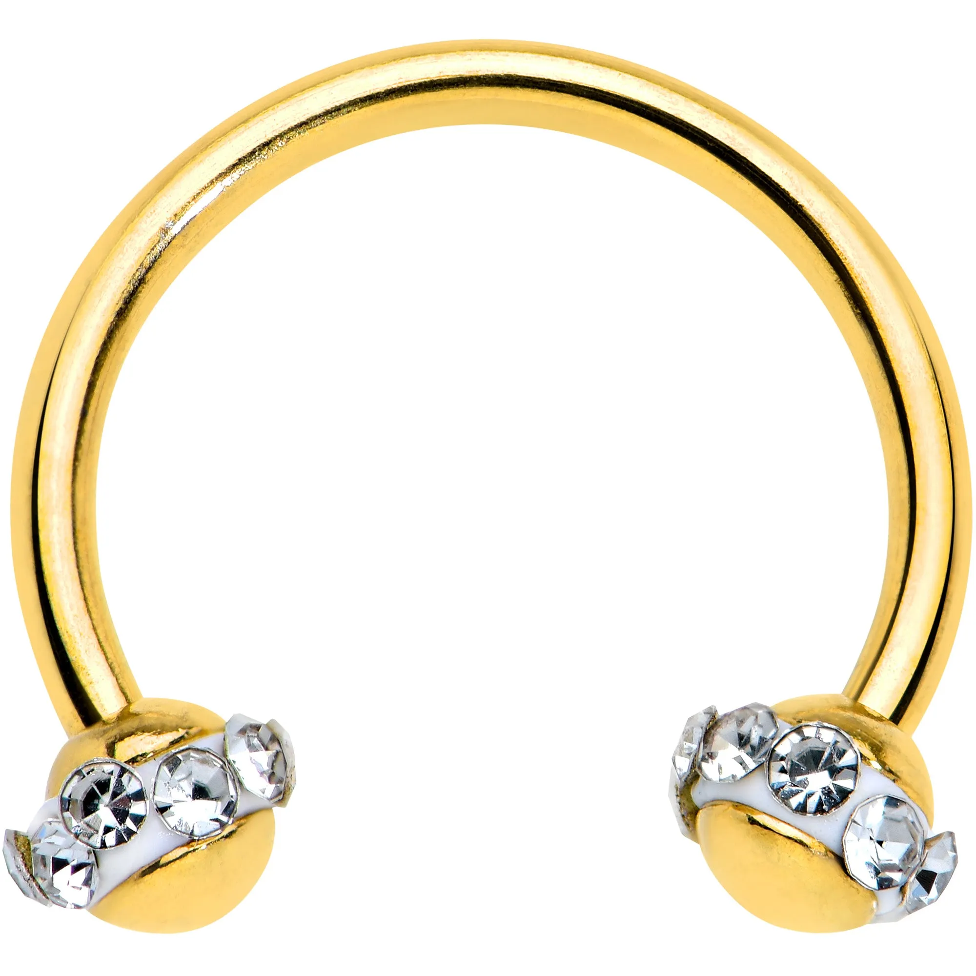 16 Gauge 3/8 Clear Gem Gold Tone Banded Horseshoe Circular Barbell