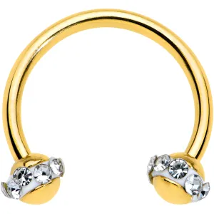 16 Gauge 3/8 Clear Gem Gold Tone Banded Horseshoe Circular Barbell