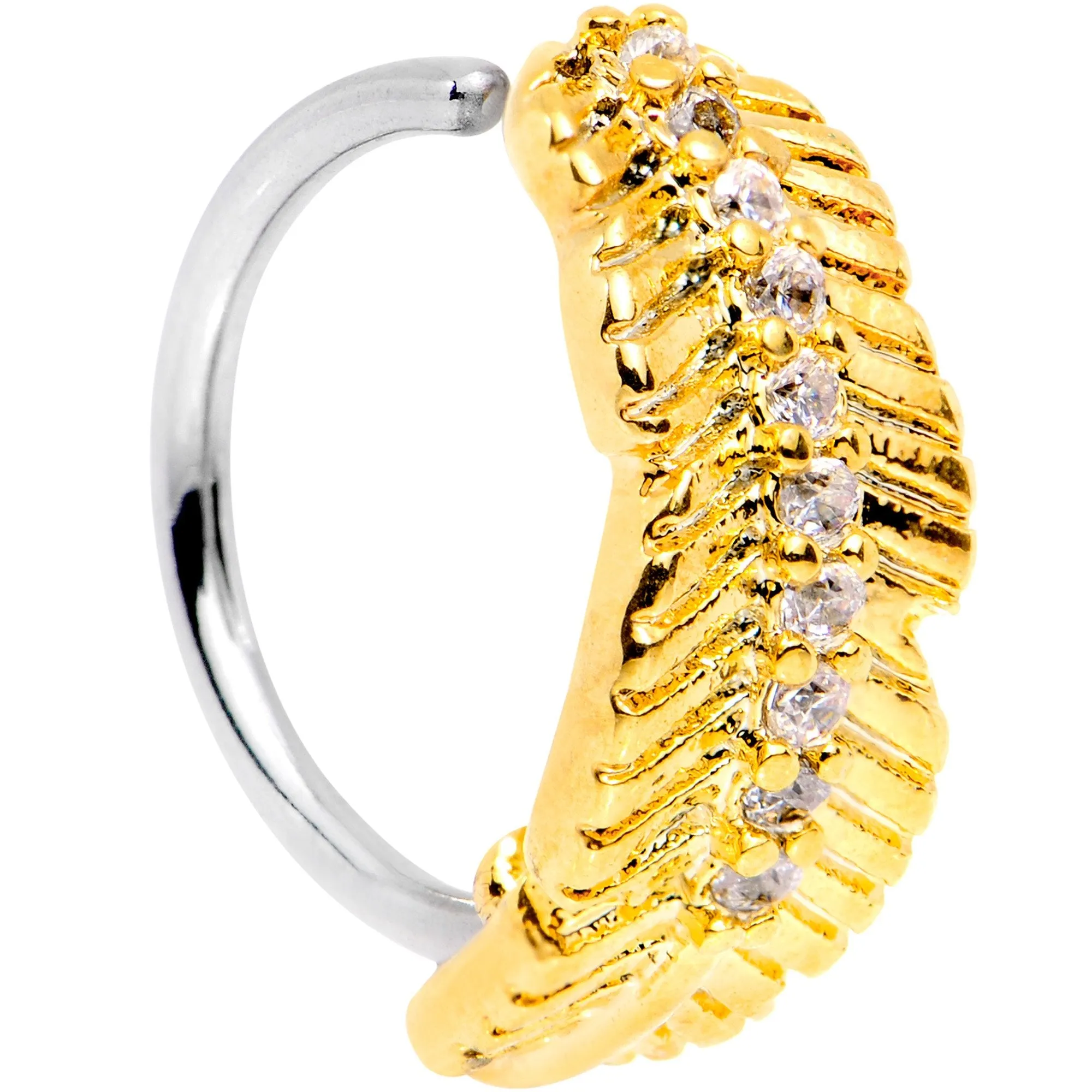 18 Gauge Clear CZ Gem Gold Tone Feather Seamless Circular Ring