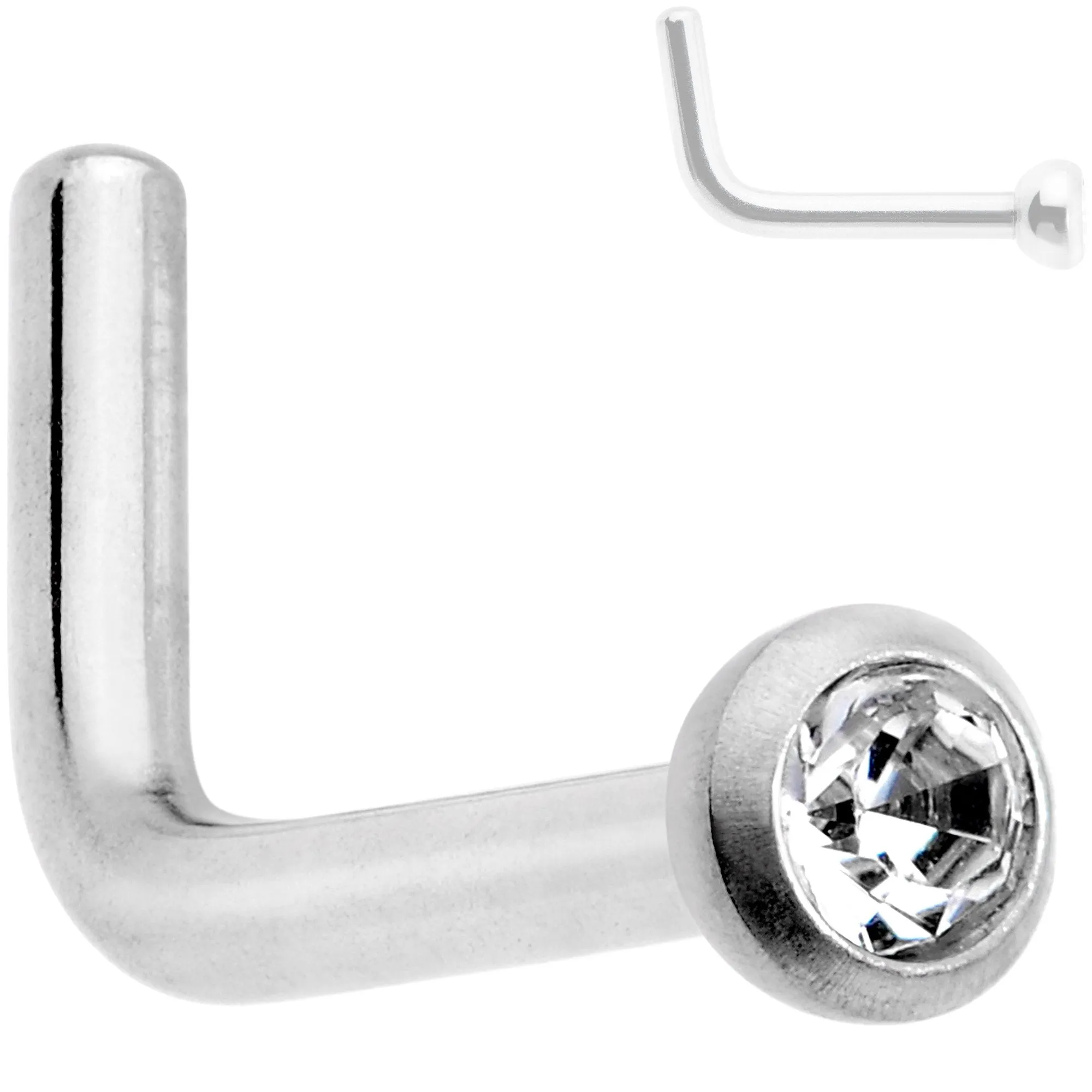 18 Gauge Grade 23 Titanium Press Fit CZ Micro Ball L Shaped Nose Ring