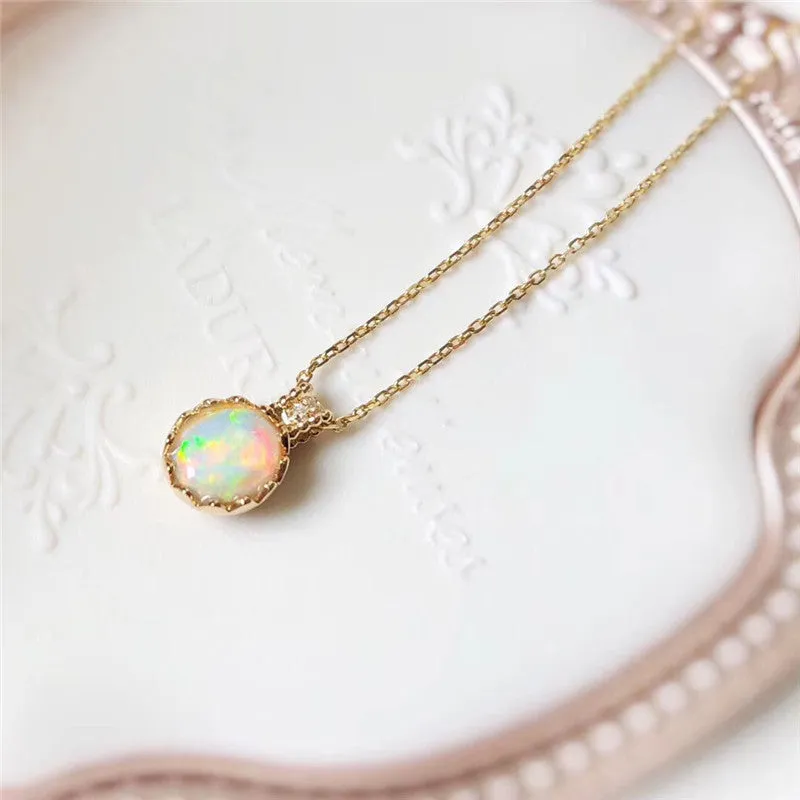 18K Gold Diamond Oval Cut Natural Opal Eggshell Pendant Necklace