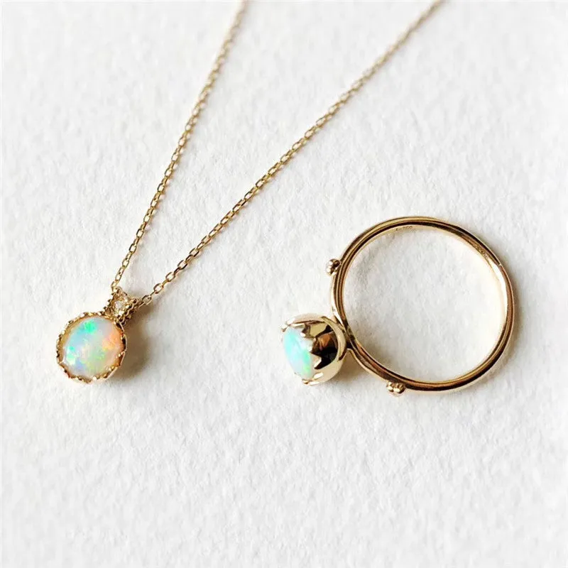 18K Gold Diamond Oval Cut Natural Opal Eggshell Pendant Necklace