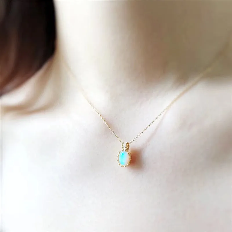18K Gold Diamond Oval Cut Natural Opal Eggshell Pendant Necklace