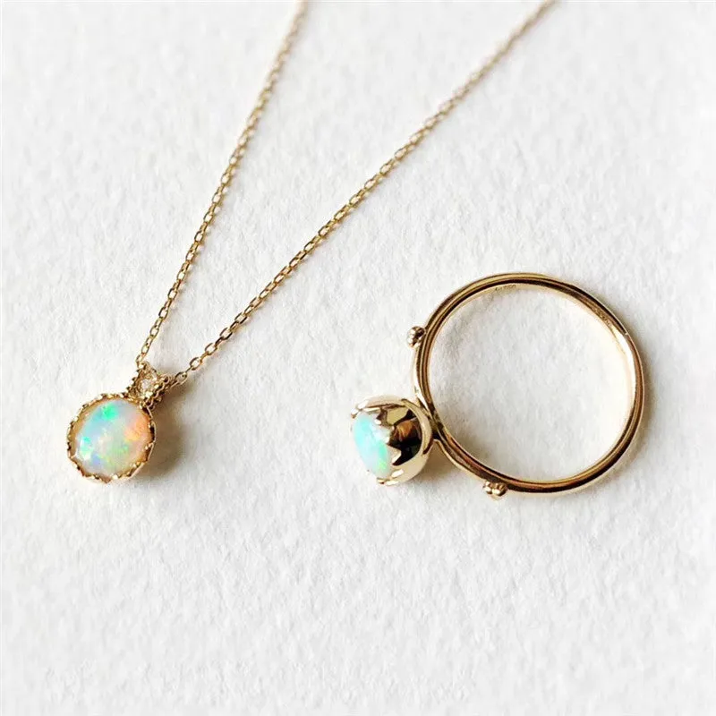 18K Gold Diamond Oval Cut Natural Opal Eggshell Pendant Necklace