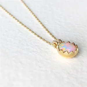 18K Gold Diamond Oval Cut Natural Opal Eggshell Pendant Necklace