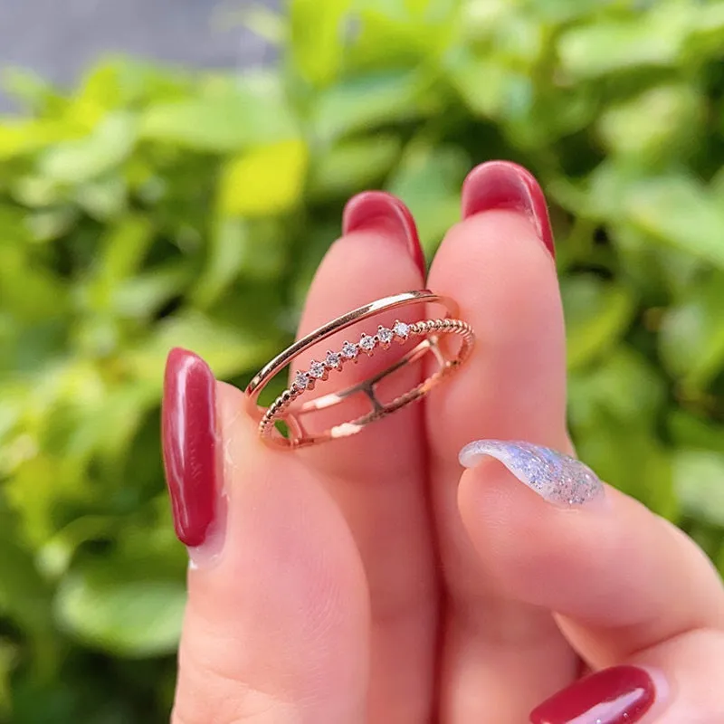 18K Gold Double Layer Smooth Diamond Ring Exclusively Handcrafted 0.048 Carat Natural Diamond (H-F Color, VS1-VS2 Clarity)