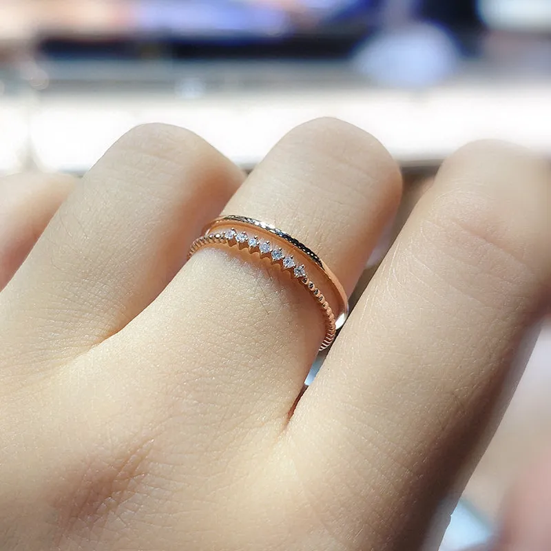 18K Gold Double Layer Smooth Diamond Ring Exclusively Handcrafted 0.048 Carat Natural Diamond (H-F Color, VS1-VS2 Clarity)