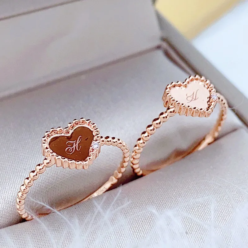 18K Gold Simplicity Round Bead Shiny one-heart Diamond Engraving Name Ring for Women Exclusively Handcrafted 0.005 Carat Natural Diamond (H-F Color, VS1-VS2 Clarity)
