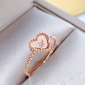 18K Gold Simplicity Round Bead Shiny one-heart Diamond Engraving Name Ring for Women Exclusively Handcrafted 0.005 Carat Natural Diamond (H-F Color, VS1-VS2 Clarity)