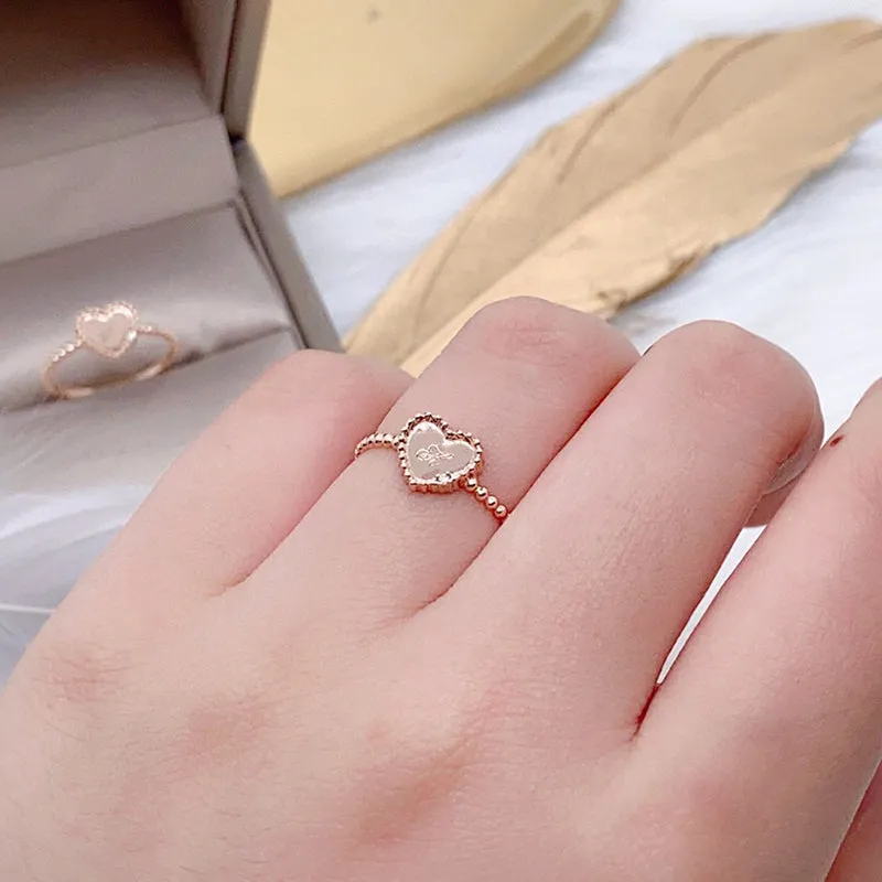 18K Gold Simplicity Round Bead Shiny one-heart Diamond Engraving Name Ring for Women Exclusively Handcrafted 0.005 Carat Natural Diamond (H-F Color, VS1-VS2 Clarity)