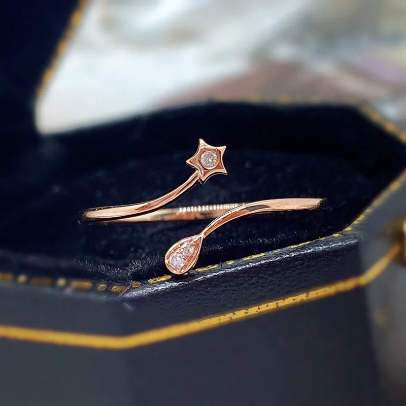 18K Gold Star Tears Fashion Diamond Ring Exclusively Handcrafted 0.018 Carat Natural Diamond (H-F Color, VS1-VS2 Clarity)