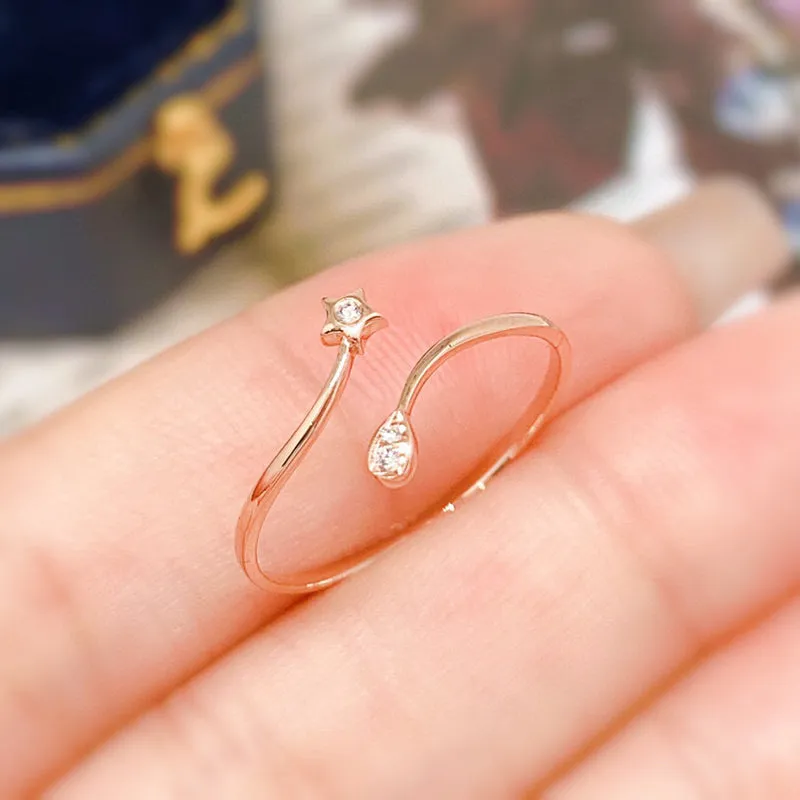 18K Gold Star Tears Fashion Diamond Ring Exclusively Handcrafted 0.018 Carat Natural Diamond (H-F Color, VS1-VS2 Clarity)