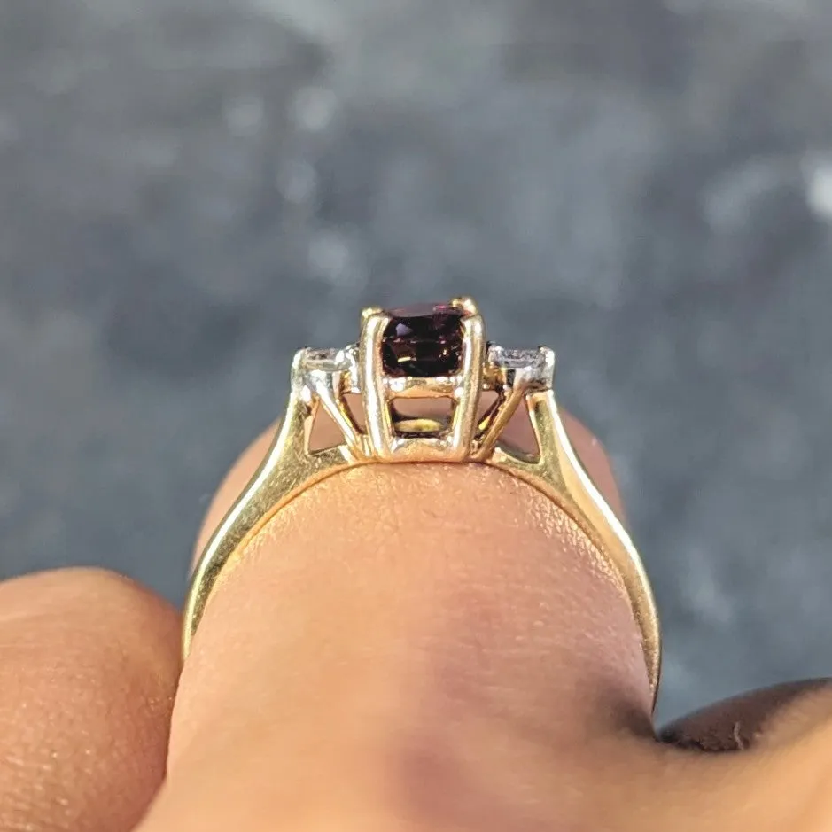 1990's 0.98 CTW Ruby Diamond 18 Karat Yellow Gold Three Stone Vintage Ring