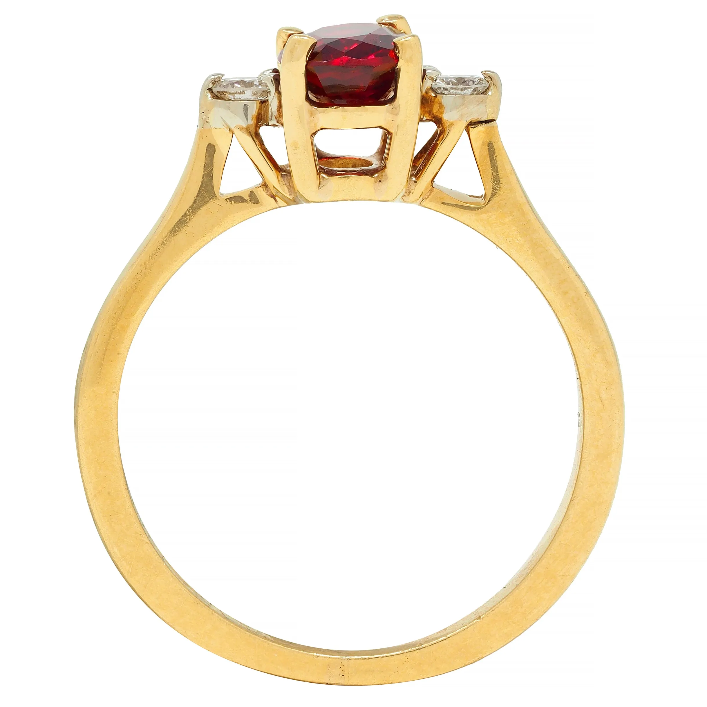 1990's 0.98 CTW Ruby Diamond 18 Karat Yellow Gold Three Stone Vintage Ring