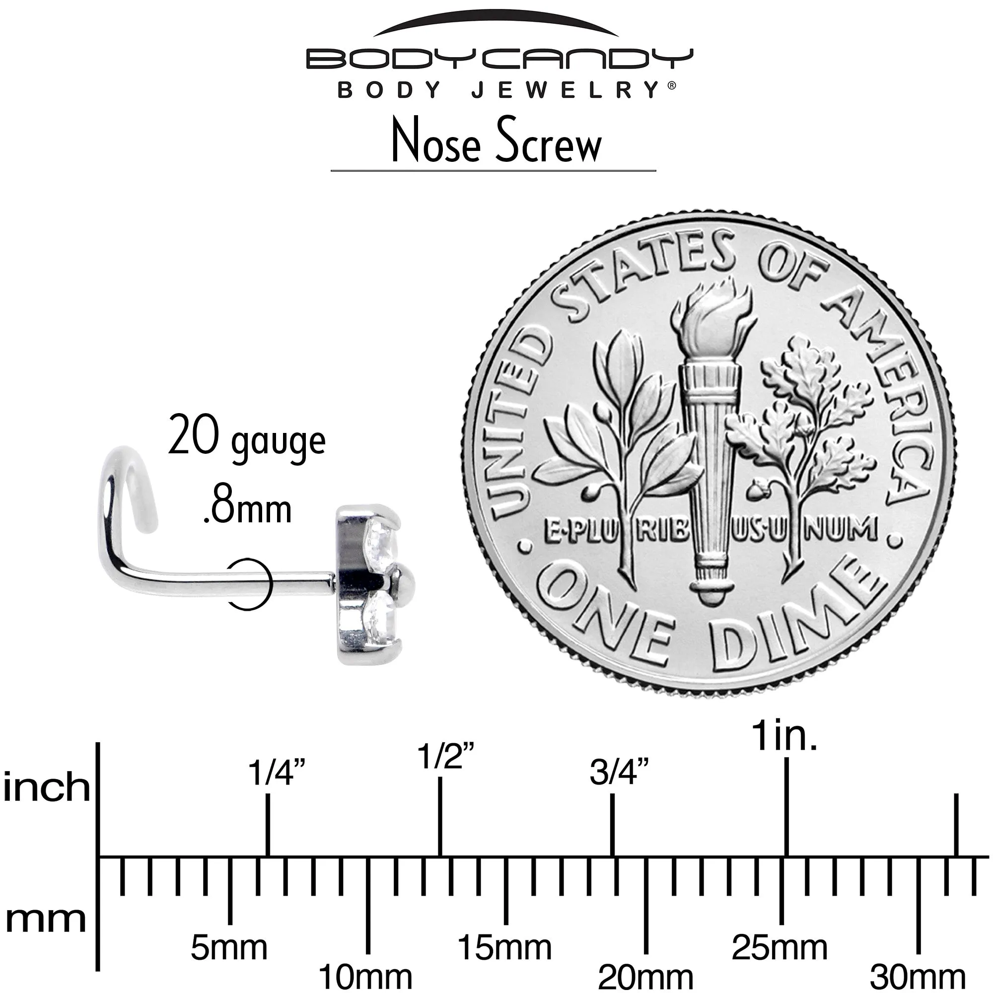 20 Gauge 1/4 ASTM Clear CZ Gem F-136 Titanium Threadless Left Nose Screw