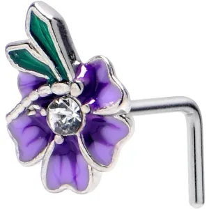 20 Gauge 1/4 Clear Gem Faerie Flower Purple L Shape Nose Ring