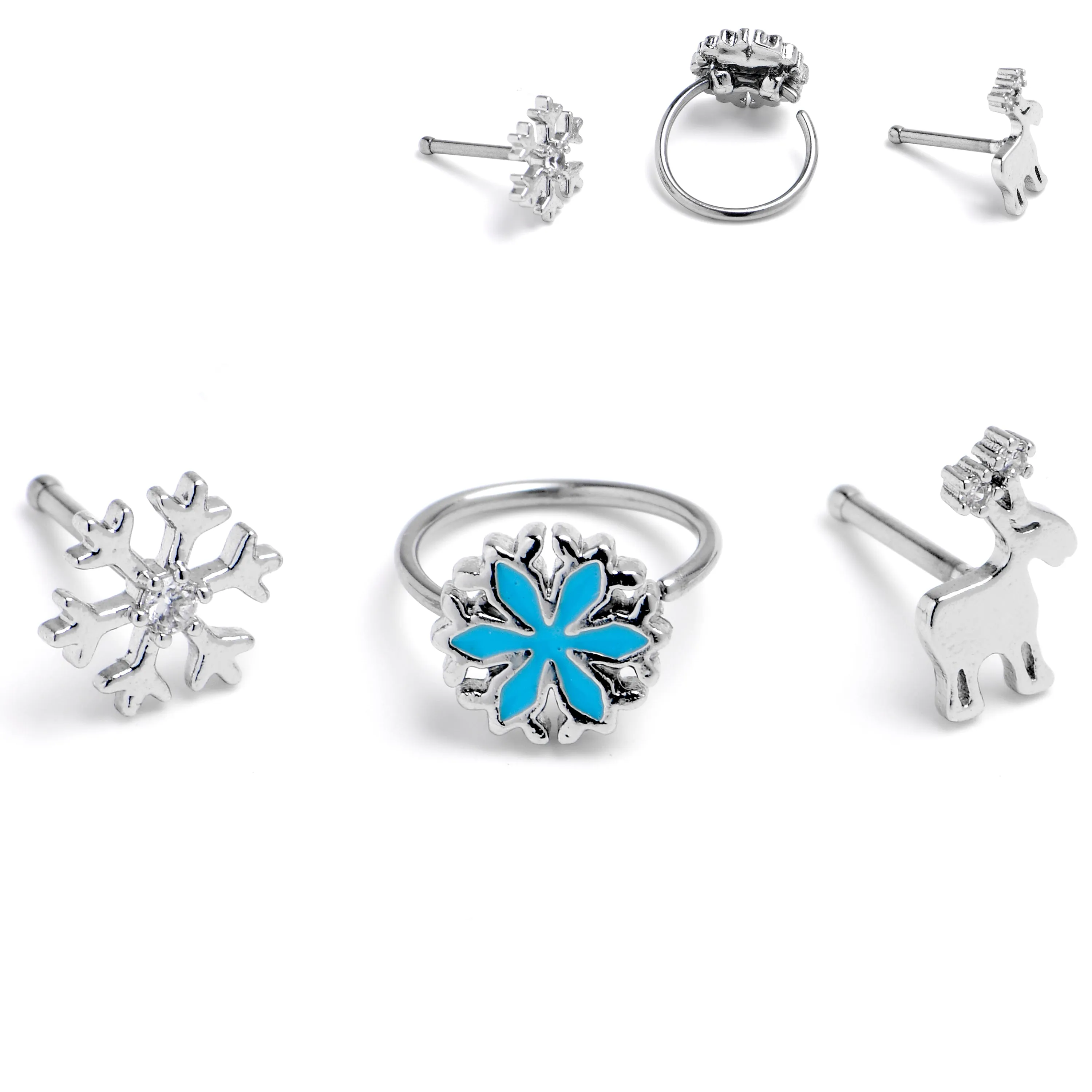 20 Gauge 1/4 Clear Gem Holiday Snowflakes Blue Nose Bone Hoop Set of 3