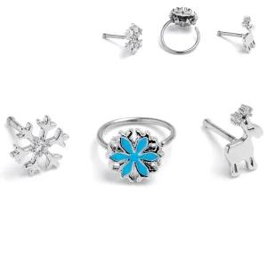 20 Gauge 1/4 Clear Gem Holiday Snowflakes Blue Nose Bone Hoop Set of 3